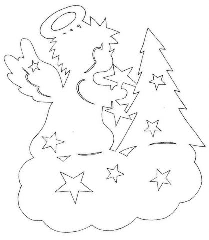 Трафарет - АНГЕЛ и ЕЛОЧКА на облаке - УКРАШЕНИЯ-подвески вырезаем из бумаги к Рождеству, Новому году!